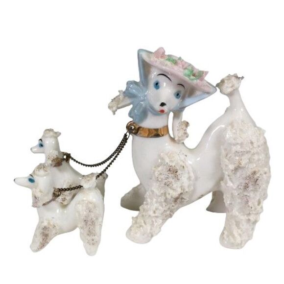 Vintage Spaghetti Poodle Dog Mother w/Two Babies Puppies on Chain Blue Pink Hat - Picture 3 of 16